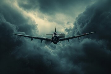 A commercial airplane flying through a cloudy sky, showcasing the dramatic contrast between the aircraft and the cloudy atmosphere, A fighter aircraft flying through a stormy sky, AI Generated - obrazy, fototapety, plakaty