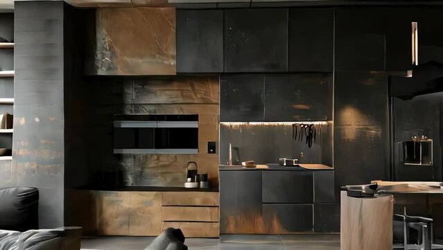 Interior of stylish kitchen with gray walls, concrete floor, black cupboards with built in sink and cooker.