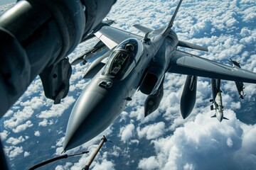 A fighter jet flies through the sky, high above billowy clouds, showcasing its power and speed, A fighter aircraft in mid-air refueling process, AI Generated