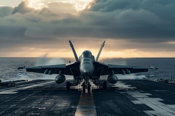 A powerful fighter jet sits on top of an aircraft carrier, ready for action, A fighter aircraft preparing for takeoff on an aircraft carrier, AI Generated
