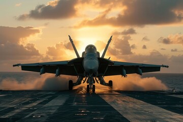 Naklejka premium Fighter Jet Taking Off From an Aircraft Carrier, A fighter aircraft preparing for takeoff on an aircraft carrier, AI Generated