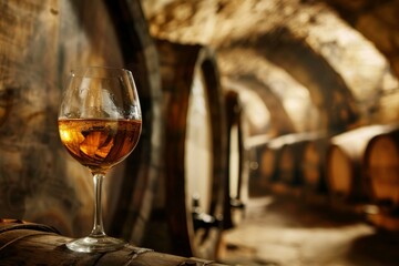 Elegant Glass of Vintage Wine in Historic Cellar
