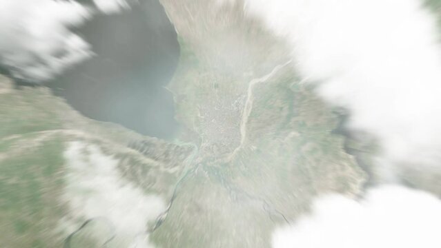 Earth zoom in from space to Shkoder, Albania. Followed by zoom out through clouds and atmosphere into space. Satellite view. Travel intro. Images from NASA
