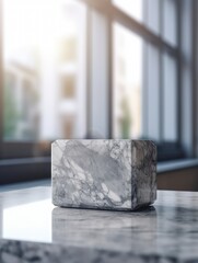 Marble block sitting on a table in front of a window.