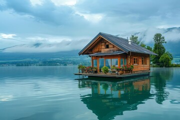 Fototapeta na wymiar A small wooden house perched on a lake, creating a picturesque scene of serenity in the midst of nature, A floating house on a peaceful lake, AI Generated