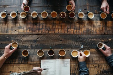 Rustic Wood Table with Coffee Cupping Setup, Aerial Perspective