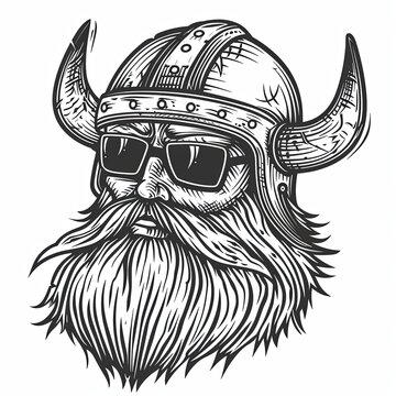 Portrait of a Viking in the style of an engraving. Medieval warrior of the north wearing a horned helmet. Strict face of a man with beard and mustache. Can be printed on t-shirt, bag and other product