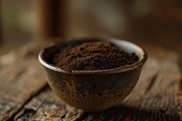 Artisan Coffee Grounds Macro Shot on Wooden Table