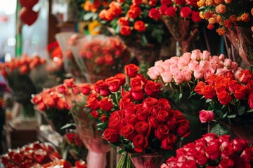 A collection of vases filled with various red and pink flowers arranged in an eye-catching display, A flower shop filled with vibrant red roses and heart-shaped flower arrangements, AI Generated - Powered by Adobe