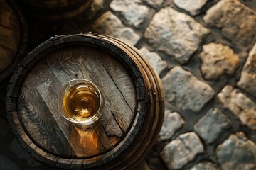 Fototapeta na wymiar Golden Fortified Wine atop an Antique Barrel: Elegance and Tradition