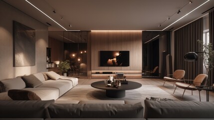 Modern living room with beige walls and wooden furniture.