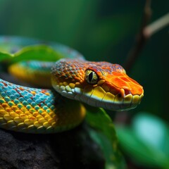 Fototapeta premium Colorful snake is sitting on a rock.