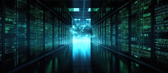 An extensive hallway dimly lit, showcasing multiple rows of intricate data