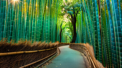 Arashiyama bamboo grove, serene path in Kyoto, Japan, iconic green landscape