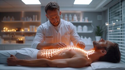 man physiotherapist performing a back massage on a patient lying on a massage table face down. Visible neural pathways connecting them symbolize their nervous systems interacting, highlighting the the - obrazy, fototapety, plakaty