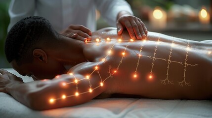 man physiotherapist performing a back massage on a patient lying on a massage table face down. Visible neural pathways connecting them symbolize their nervous systems interacting, highlighting the the