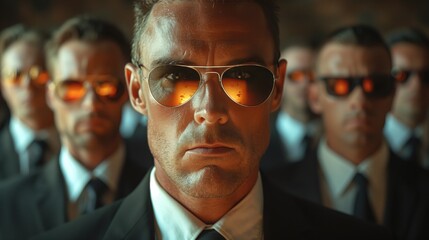 Fototapeta premium A group of Agents with matching suits and sunglasses face aggressively towards camera. Human spectrum, group of disappointed people wearing sunglasses. in matrix style 