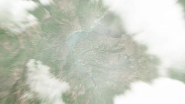 Earth zoom in from space to Centar Zupa, North Macedonia. Followed by zoom out through clouds and atmosphere into space. Satellite view. Travel intro. Images from NASA