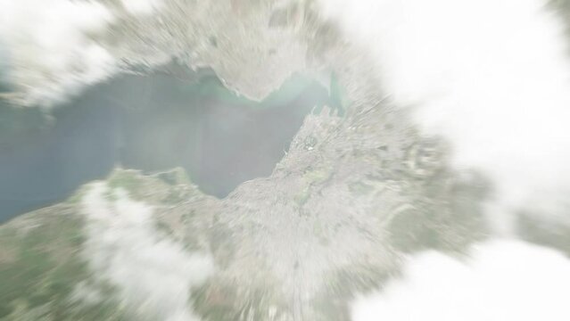 Earth zoom in from space to Izmir, Turkey. Followed by zoom out through clouds and atmosphere into space. Satellite view. Travel intro. Images from NASA