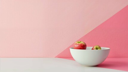 A bowl of apples in a white bowl against a pink and red wall. Beautiful backdrop template, perfect for design work, backgrounds. Negative space for text. Fresh food and fruit.