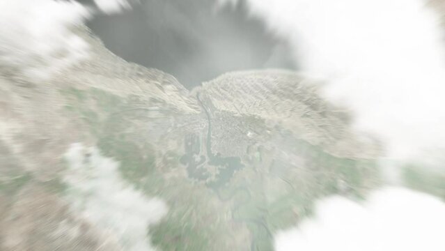 Earth zoom in from space to Mingecevir, Azerbaijan. Followed by zoom out through clouds and atmosphere into space. Satellite view. Travel intro. Images from NASA