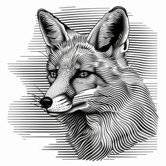 Naklejka premium A close-up of the fox's face. Animalism. Imitation sketch print in black and white coloring. Illustration for cover, card, postcard, interior design, decor or print.