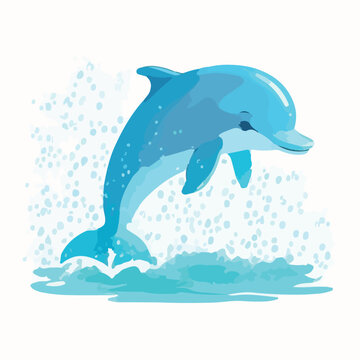 Cute blue cartoon dolphin jumps out of the water a