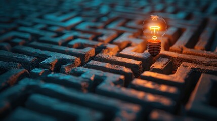 A single illuminated lightbulb hovers over a complex maze, symbolizing breakthrough ideas and solutions in challenging situations.
