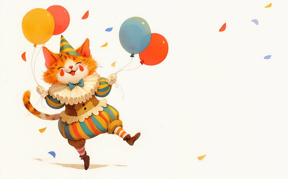 Vintage watercolor illustration of a happy cat with ballons dressed as a jester. Festive concept with copy space. Image of clown kitten for April Fools Day or Birthday event and greeting card. 