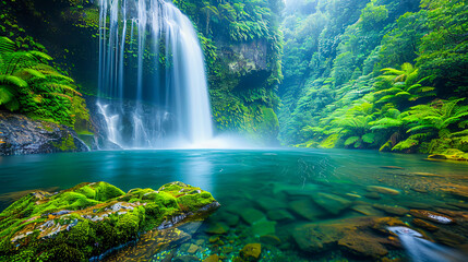 Tropical waterfall in lush forest, Senaru, Lombok, paradise adventure, Indonesia