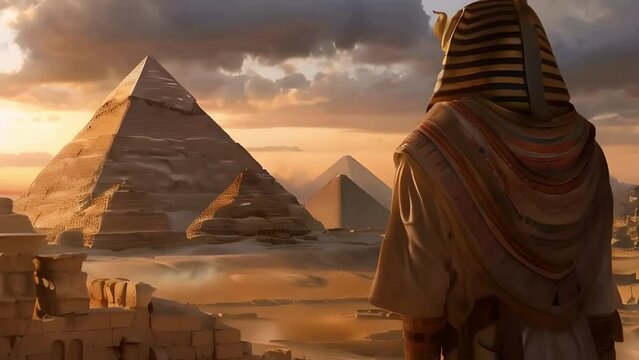 pharaohs looking at sphinx and pyramids , desert of egypt