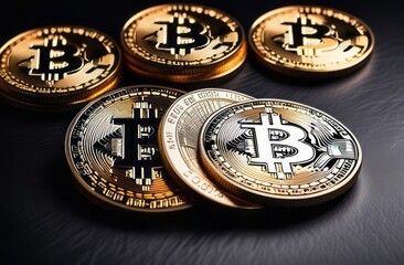 Trading, chart, bitcoin coins, money, rich. Close-up bitcoin coin with flying coins. Bitcoin Crypto currency Gold BTC Bit Coin close up of Bitcoin coins isolated. Blockchain technology, bitcoin mining