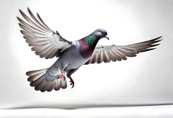 A pigeon captured in mid-movement against a plain white background, its wings spread wide as it takes flight, showcasing the bird's strength and agility in a moment of dynamic energy