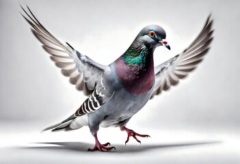 An isolated pigeon captured in mid-stride on a white backdrop, its movements frozen in time, allowing for a detailed examination of the bird's graceful posture and unique features
