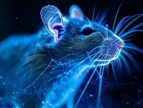 Close-up of a mouse muzzle in grid style. Polygonal computerized image of a rat. Facial recognition grid on a live object. Illustration for cover, card, poster, brochure or presentation.