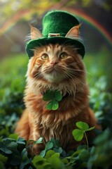 lucky cat with leprachaun hat on st. patricks day and a rainbow