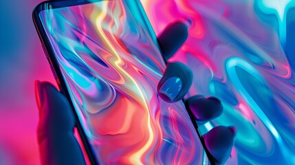 The hand holds a realistic cell phone with a bright screen saver on the background in the same color scheme. Smartphone layout with soft color gradient background. Illustration for varied design.