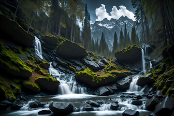 Waterfall in a gloomy forest, mountain landscape