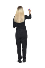 rear view of a woman drawing or writing imaginatively on white background.