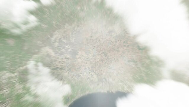 Earth zoom in from space to Pergamos, Cyprus. Followed by zoom out through clouds and atmosphere into space. Satellite view. Travel intro. Images from NASA