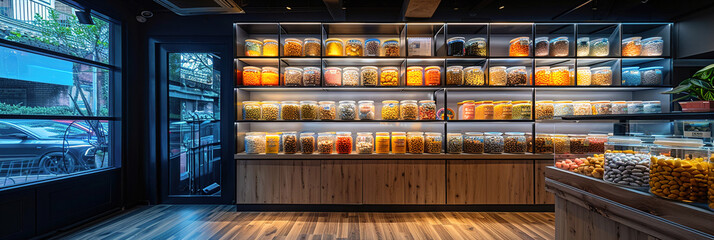 Shelves in a pet store display a range of pet food, toys, and accessories. Customers peruse the selection.