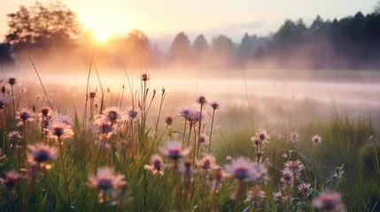 Zelfklevend Fotobehang Wild poppy flowers in the meadow in the morning mist. © Volodymyr
