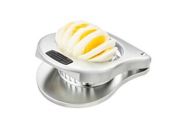 half open metal design egg slicer with sliced egg isolated on white background