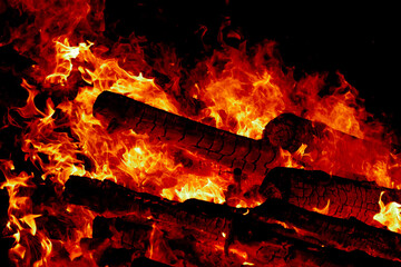 A close-up of flames consuming a wood log	
