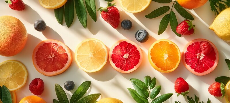 Bright organic citrus fruits and berries arranged with green leaves on a light background, showcasing the freshness and vitality of healthy food for commercial use