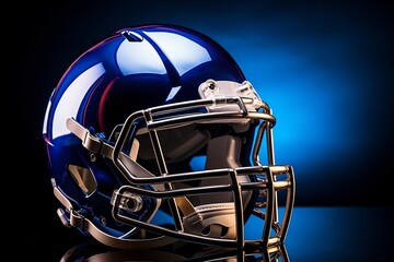 Fototapeta premium A football helmet placed on a shiny, reflective surface, creating an interesting play of light and shadows.