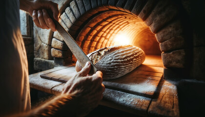Baker sliding a loaf of bread into a traditional wood-fired oven.
