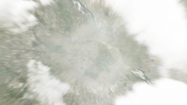 Earth zoom in from space to Kanpur, India. Followed by zoom out through clouds and atmosphere into space. Satellite view. Travel intro. Images from NASA