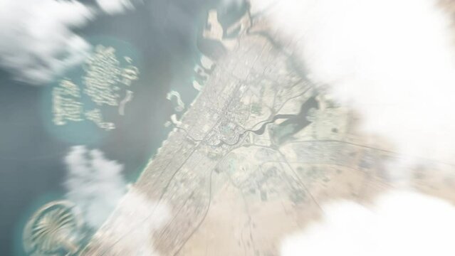 Earth zoom in from space to Dubai, United Arab Emirates. Followed by zoom out through clouds and atmosphere into space. Satellite view. Travel intro. Images from NASA