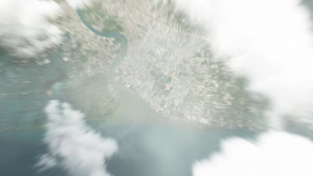 Earth zoom in from space to Samut Prakan, Thailand. Followed by zoom out through clouds and atmosphere into space. Satellite view. Travel intro. Images from NASA